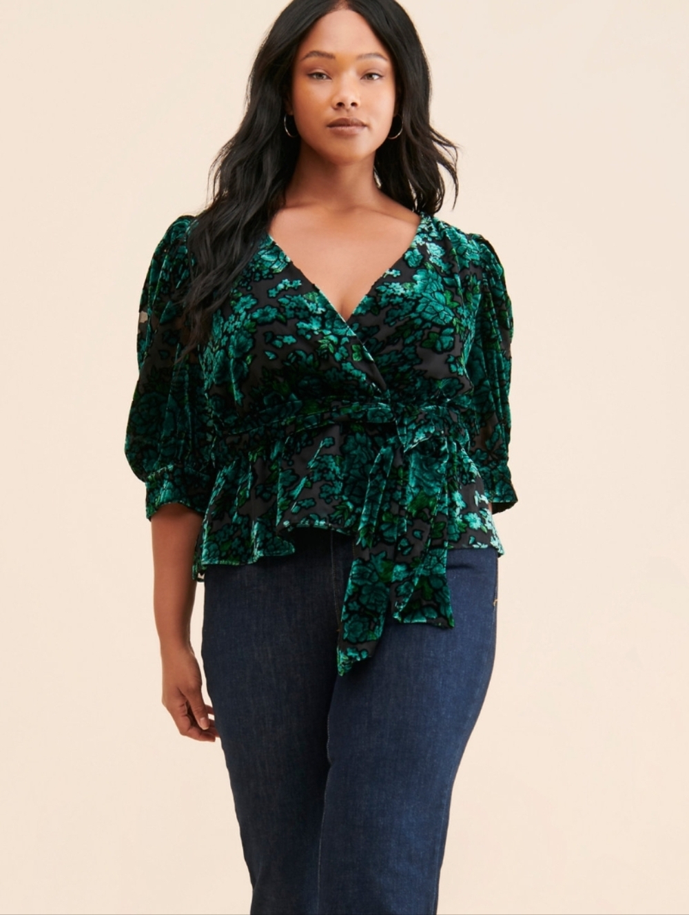 Anthropologie Green Velvet Floral Wrap Top with Tie Waist